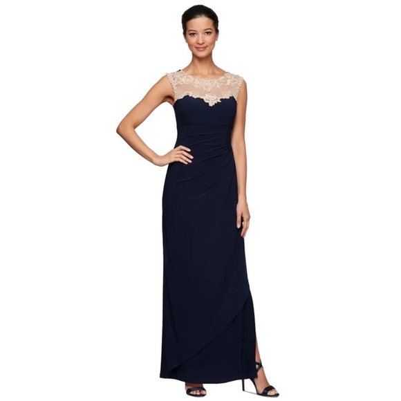 Alex Evenings Dresses & Skirts - Alex Evenings/women’s NWT Embroidered Illusion-Yoke Navy and Cream Lace Gown